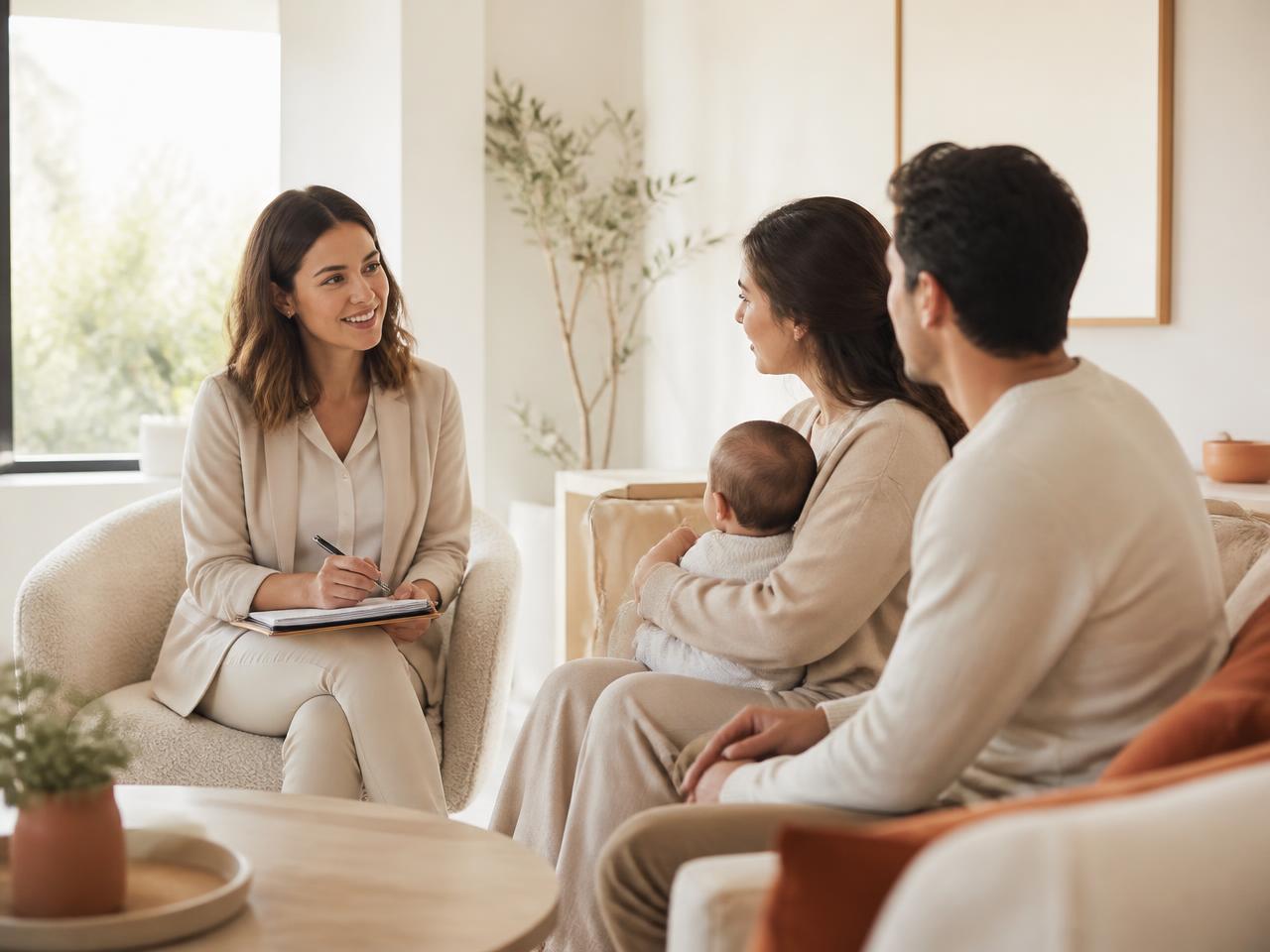Profissional de saúde acolhendo uma família em um ambiente iluminado
